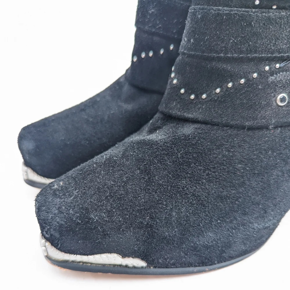 MIRANDA Miranda Lambart jeweled embroidered black suede heeled ankle booties
